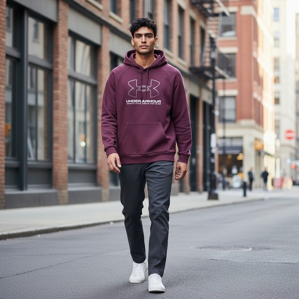 Under Armour Mens XXL Loose Graphic Logo Hoodie Maroon Fleece Pullover 21230